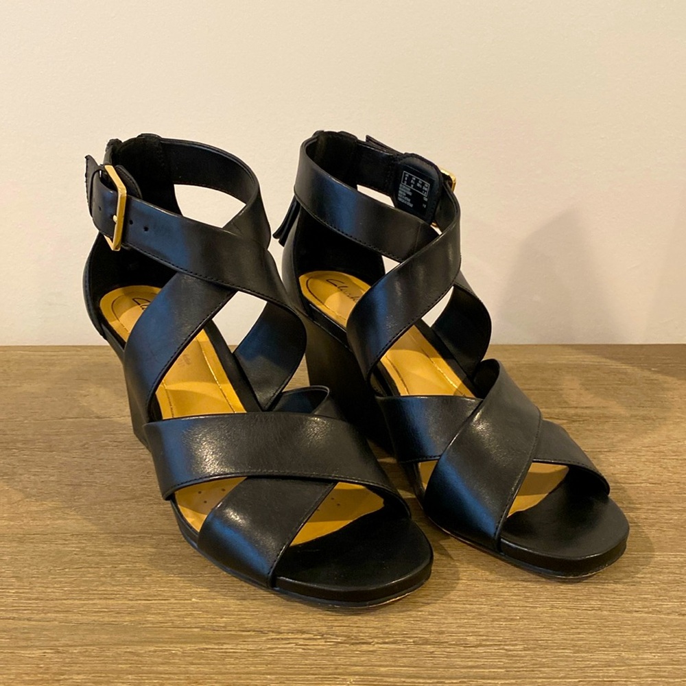 Clarks Black Leather Wedge Sandals, Size 8.5